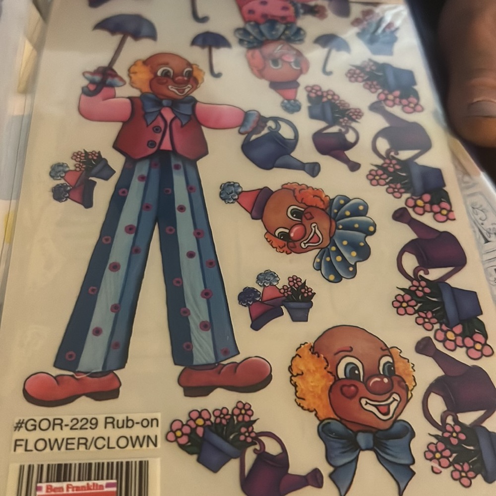 Rub-on transfers set of 4 vintage baby, baseball, cats and flower clown NEW